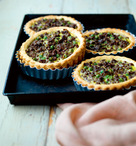 Beef and Red Onion Tarts with Watercress Pesto