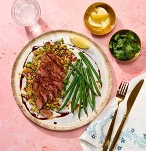 Harissa Lamb Leg Steaks with Jewelled Couscous and Green Beans